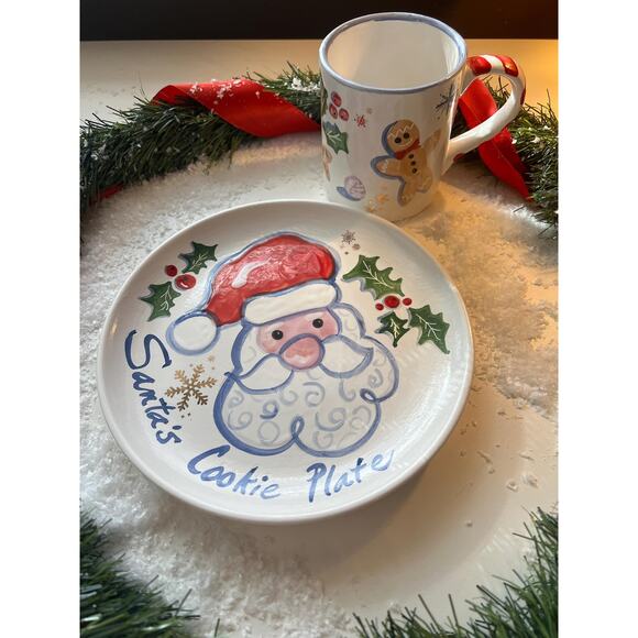 SANTA Cookie Plate and Mug Set/Gingerbread Man, Candy and Snowflakes in Gold - Picture 3 of 9